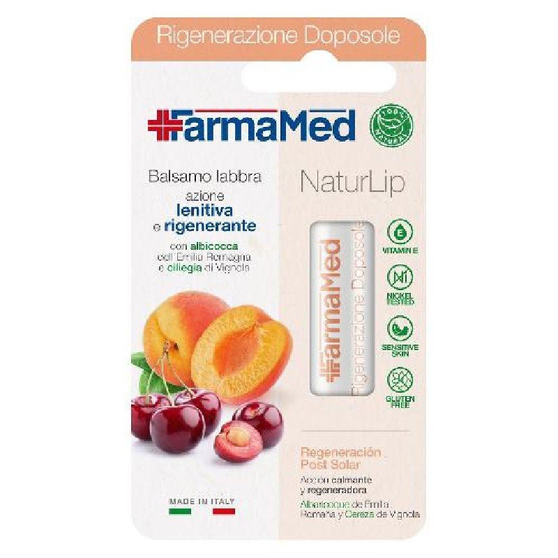 FarmaMed NaturLip regeneruojantis lūpų balzamas po saulės su abrikosų ir vyšnių ekstraktais