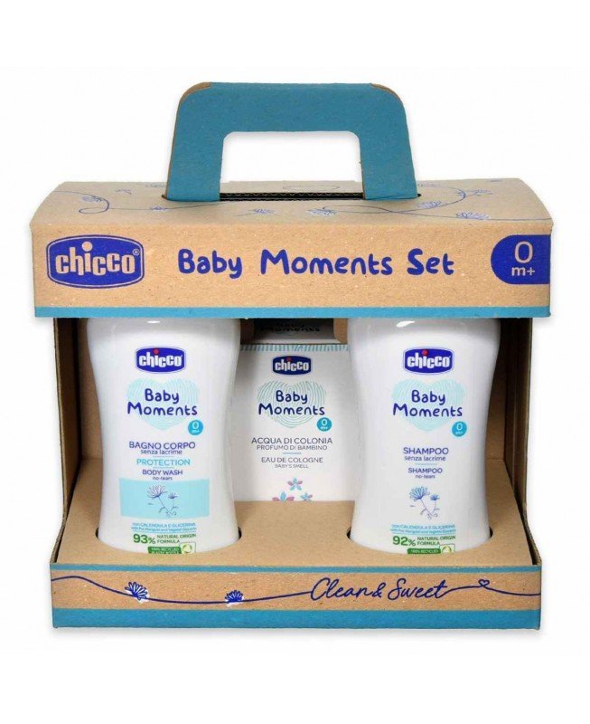 Chicco Baby Moments dovanų rinkinys kūdikiams (šampūnas, prausiklis, kolonija)