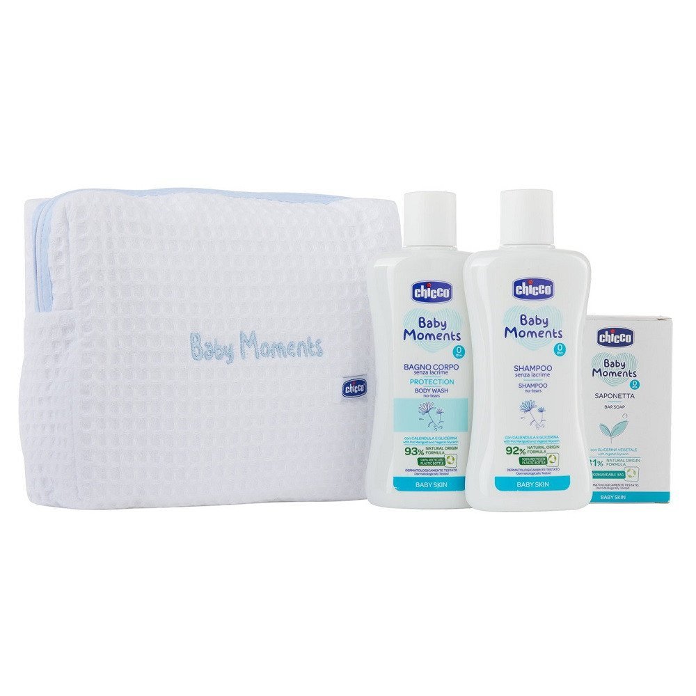 Chicco Baby Moments dovanų rinkinys kūdikiams (prausiklis, šampūnas, muilas, krepšelis)