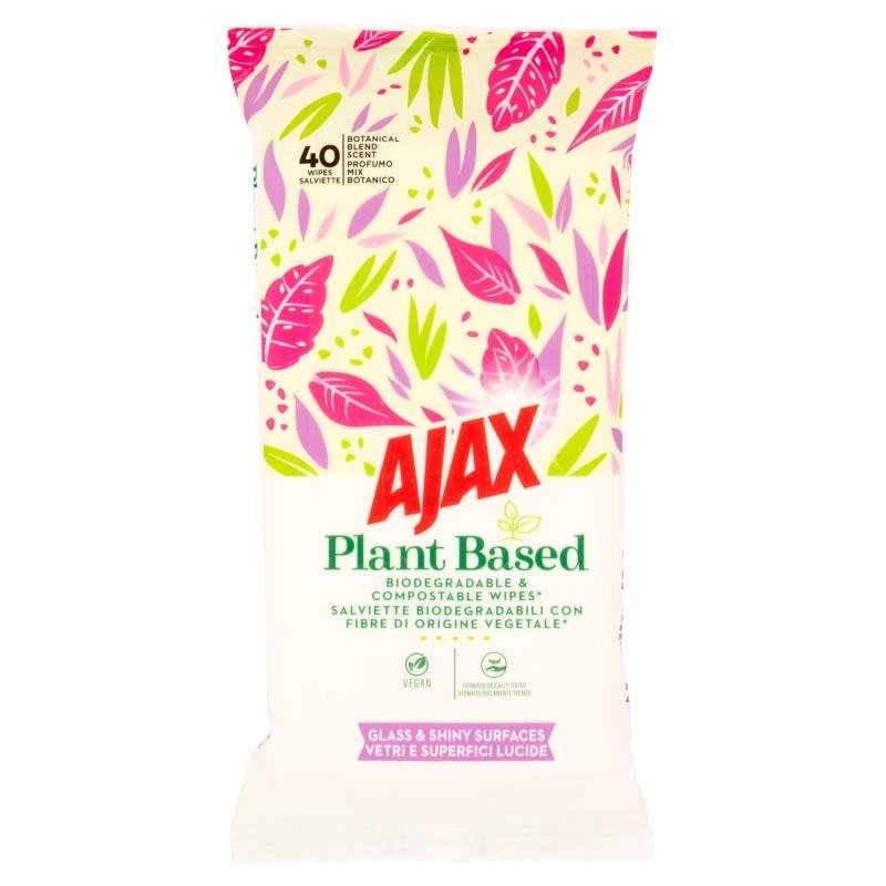 Ajax Plant Based drėgnos servetėlės stiklui ir blizgiems paviršiams, 40 vnt.