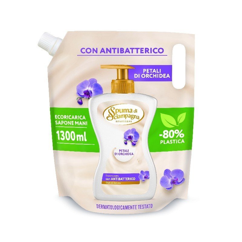 Spuma di Sciampagna antibakterinis skystas muilas su orchidėjų žiedlapių aromatu papildymas, 1300 ml