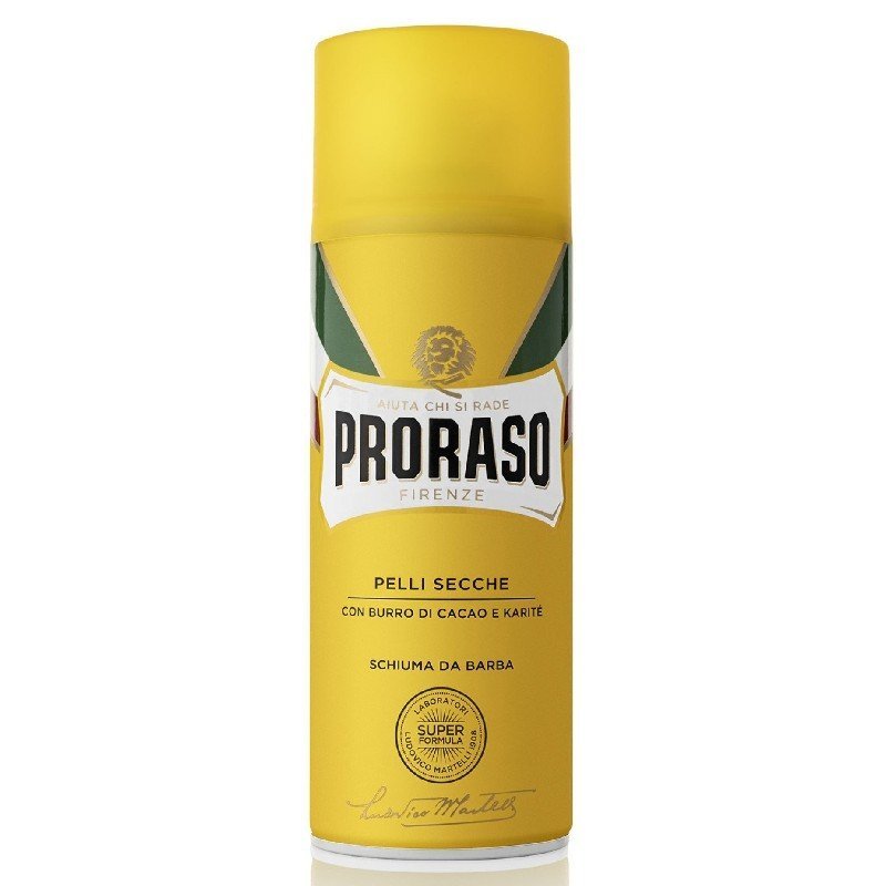 Proraso Yellow maitinamosios skutimosi putos sausai odai su kakavos sviestu ir taukmedžio sviestu, 400 ml