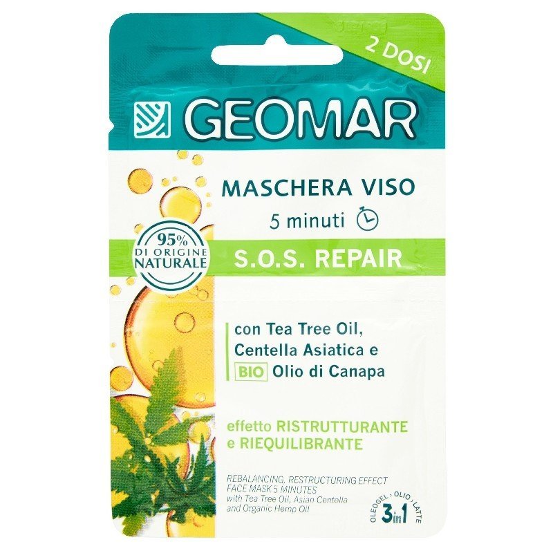 Geomar S.O.S. Repair atkuriamoji ir balansuojanti veido kaukė su arbatmedžių aliejumi, 15 ml (2 dozės)